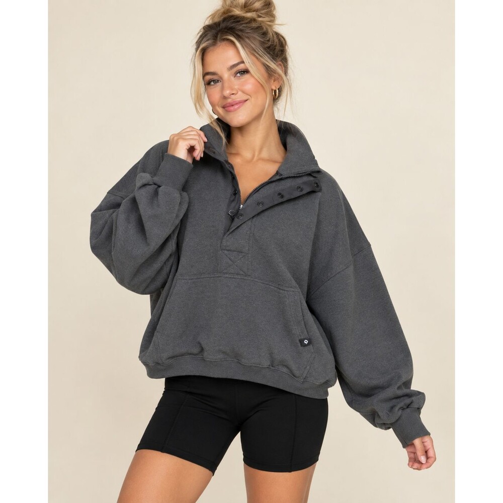 Popflex Ooey Goey Cropped Half Zip Sweatshirt Charcoal Heather L XL Oversized